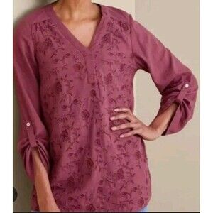 Soft Surroundings Blouse Size M V Neck Linen Blend Floral Purple Roll Up Tab...